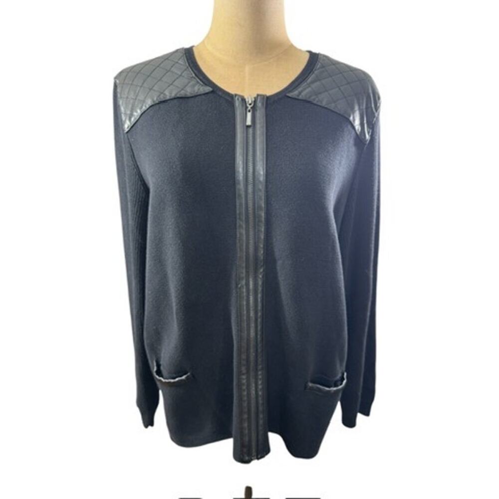 "CHICOS" 100% Cotton Zip Sweater Shacket SZ 3 (16) Faux‎ Quilted Leather Office